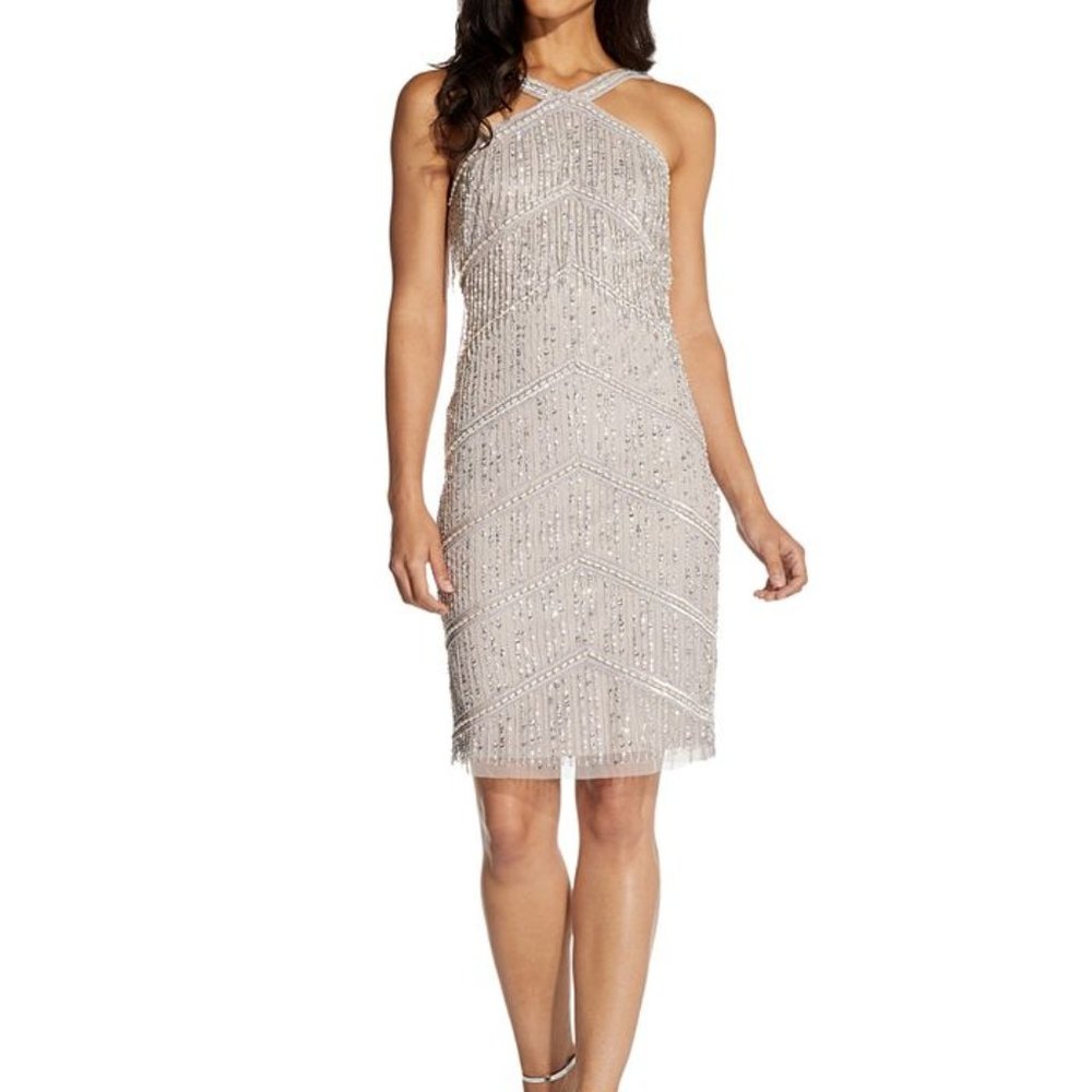 ADRIANNA PAPELL Womens Beige Embellished Fringed Halter Cocktail Sheath Dress 2